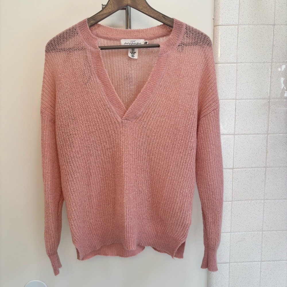 Pink Mohair V Neck Sweater Size XS Oversized Sheer Romantic Dainty Quiet Luxury